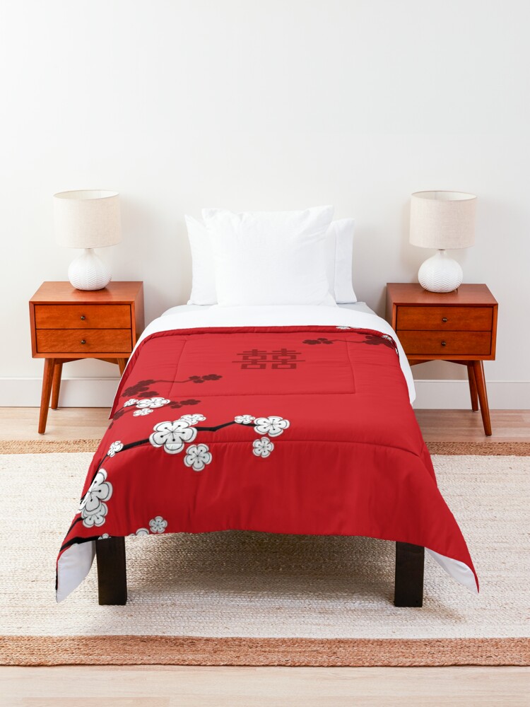 Thumbnail 2 of 5, Comforter, White Oriental Cherry Blossoms on Red and Chinese Wedding Double Happiness | Japanese Sakura © fatfatin  designed and sold by fatfatin.
