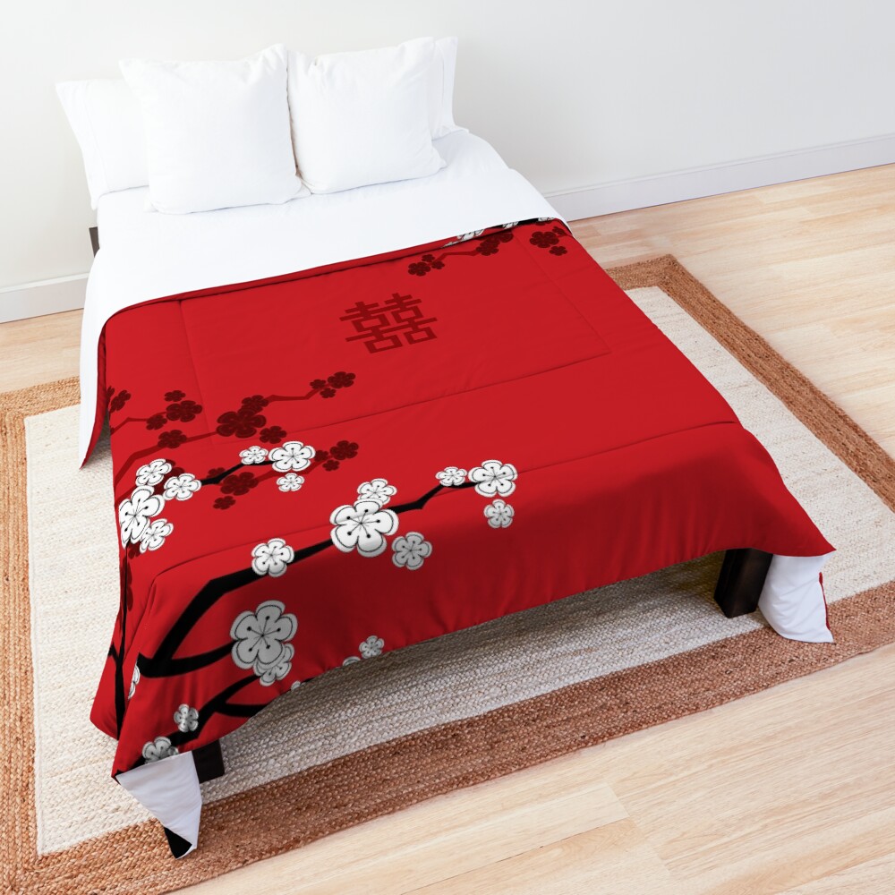 White Oriental Cherry Blossoms on Red and Chinese Wedding Double Happiness | Japanese Sakura © fatfatin Comforter