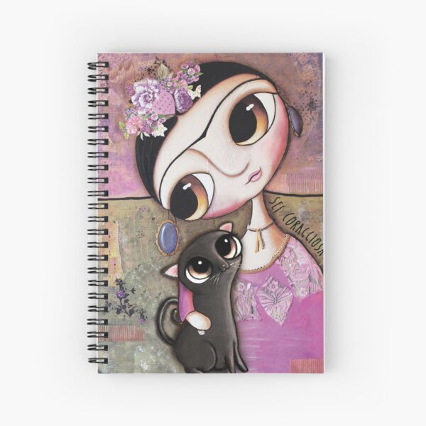 Big eyes doll in a pink dress, black cat, flowers on head, art by margherita arrighi Spiral Notebook