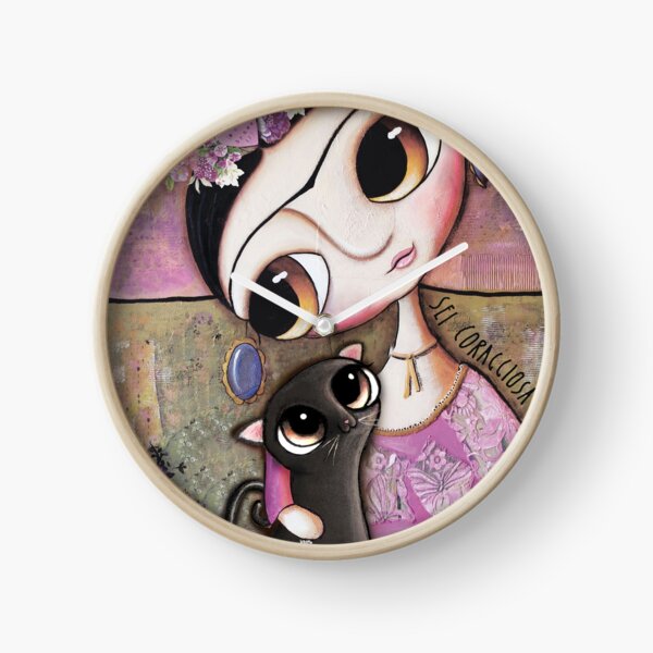 Big eyes doll in a pink dress, black cat, flowers on head, art by margherita arrighi Clock