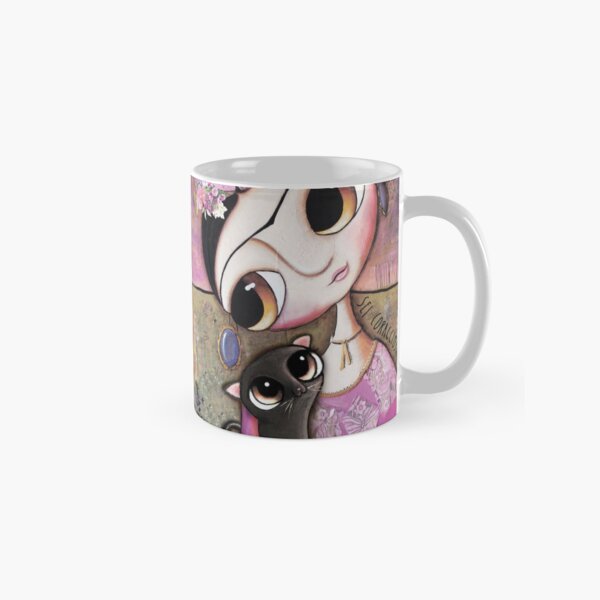 Big eyes doll in a pink dress, black cat, flowers on head, art by margherita arrighi Classic Mug