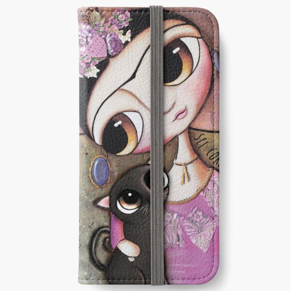 Big eyes doll in a pink dress, black cat, flowers on head, art by margherita arrighi iPhone Wallet