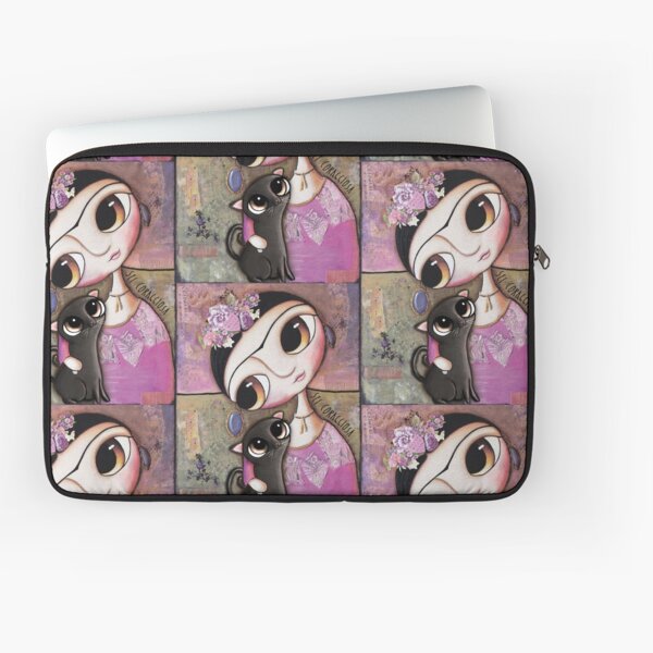 Big eyes doll in a pink dress, black cat, flowers on head, art by margherita arrighi Laptop Sleeve
