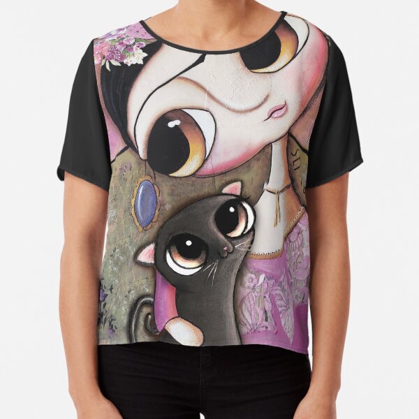 Big eyes doll in a pink dress, black cat, flowers on head, art by margherita arrighi Chiffon Top
