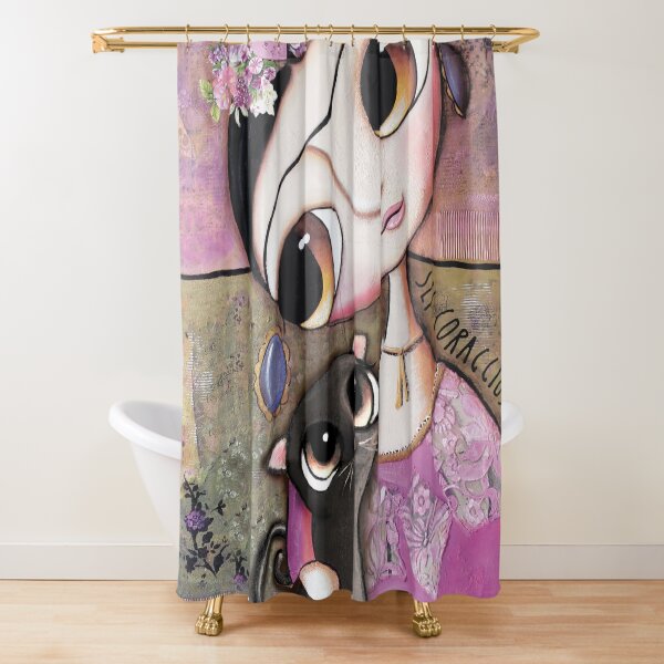 Big eyes doll in a pink dress, black cat, flowers on head, art by margherita arrighi Shower Curtain