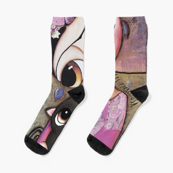Big eyes doll in a pink dress, black cat, flowers on head, art by margherita arrighi Socks