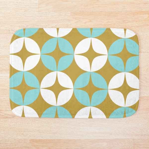 Atomic Age Neutra Pattern - Midcentury Modern Minimalism in Aqua, White, and Burnished Gold Bath Mat