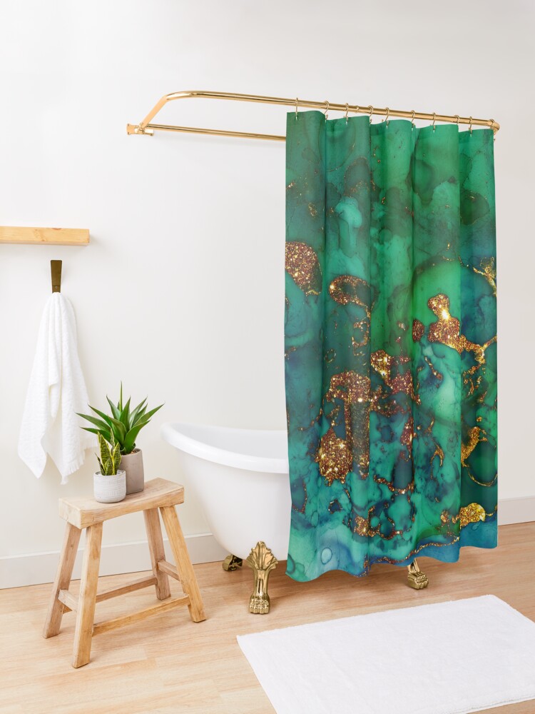 Alternate view of Amazing Blue and Green Malachite Marble Shower Curtain
