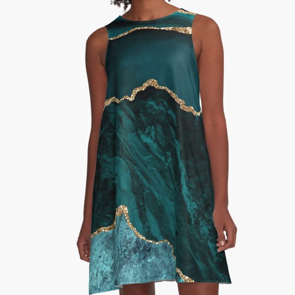 Amazing Blue and Teal Faux Malachite Marble A-Line Dress