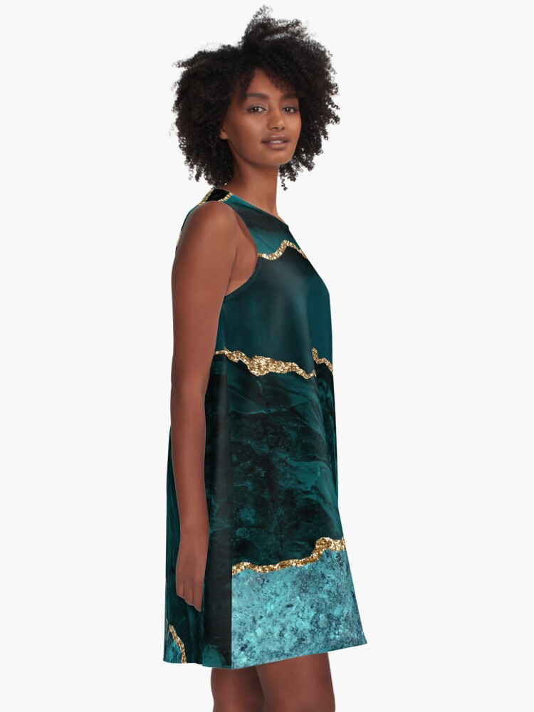 Alternate view of Amazing Blue and Teal Faux Malachite Marble A-Line Dress