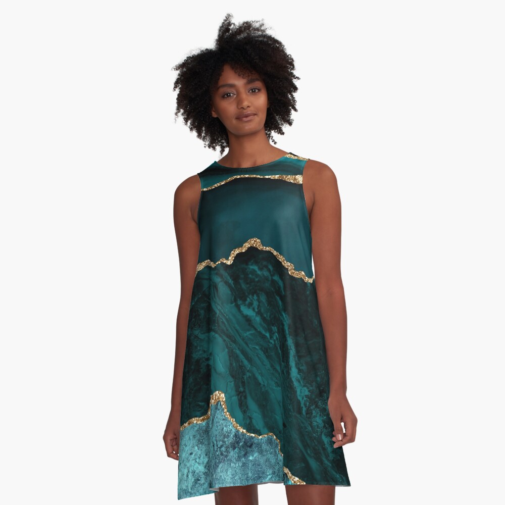 Amazing Blue and Teal Faux Malachite Marble A-Line Dress