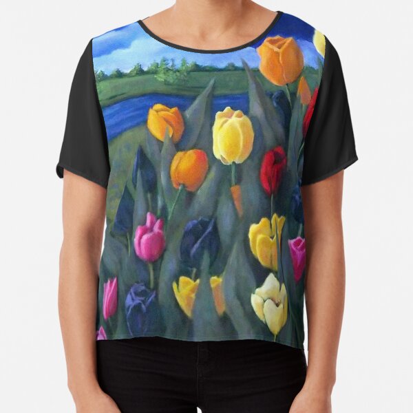 Dutch Tulips, Hand Painted Flowers, Holland, Windmill, Painting, Art Chiffon Top