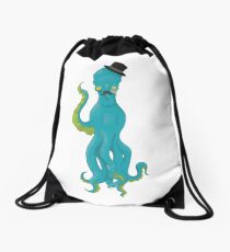 Top Hat Octopus -White Drawstring Bag