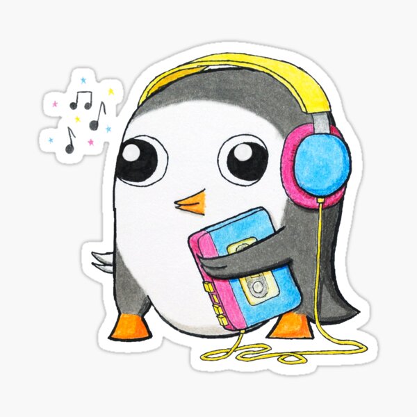 Fred The Penguin Listening To Music Sticker By Candypixel Redbubble