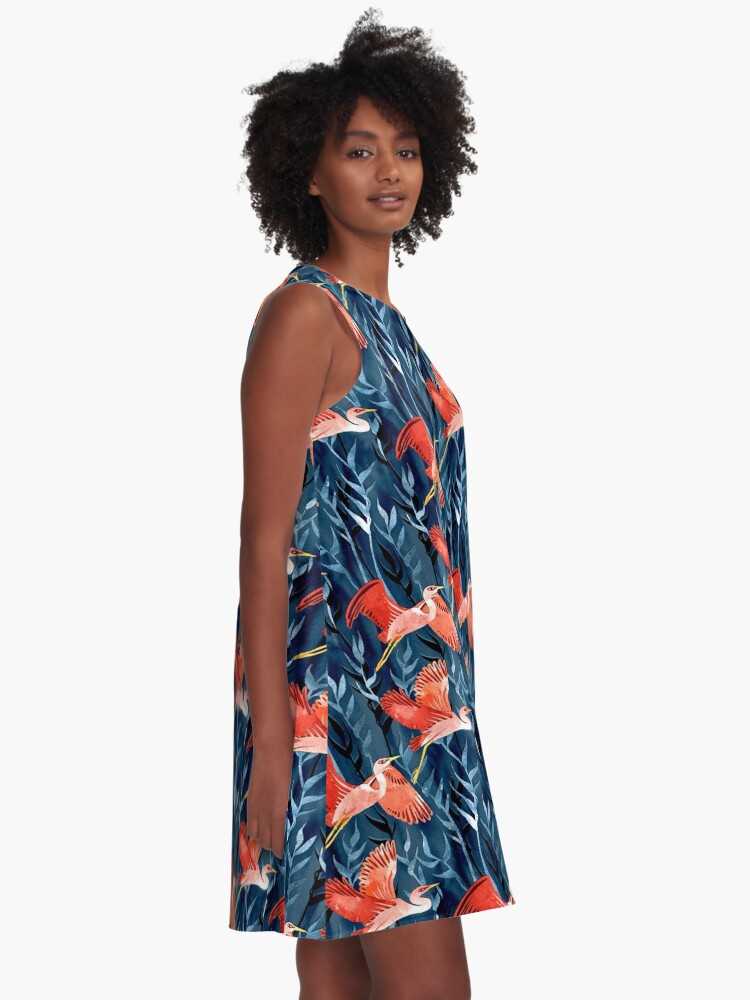 Alternate view of Birds and Reeds in Red and Blue A-Line Dress