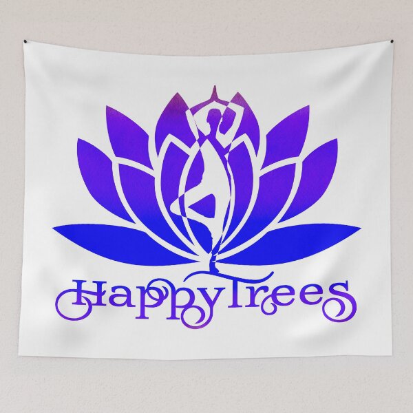 Item preview, Royal Blue and Indigo Ombre Happy Trees Pose Yoga and Lotus Art designed and sold by Fashionmonger.