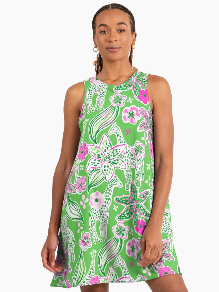 Preppy Pink Lime Green Giraffe Pattern Lime A-Line Dress
