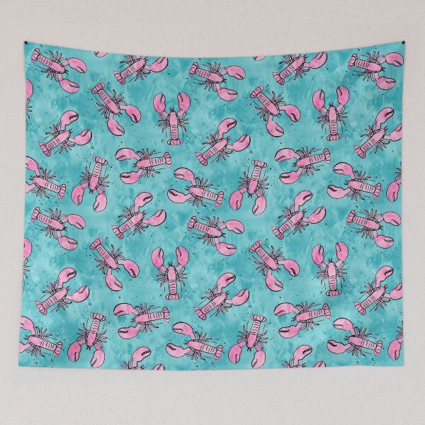 Item preview, lobsters - ink and watercolor - pink on blue designed and sold by littlearrow.