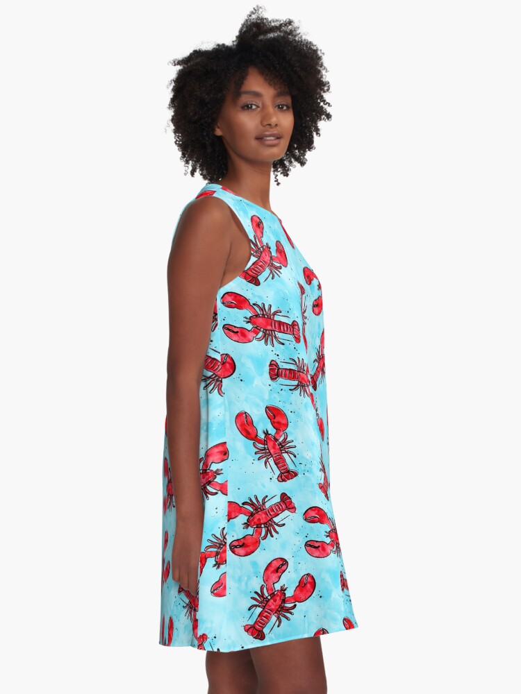 Alternate view of lobsters - ink and watercolor - red on blue A-Line Dress