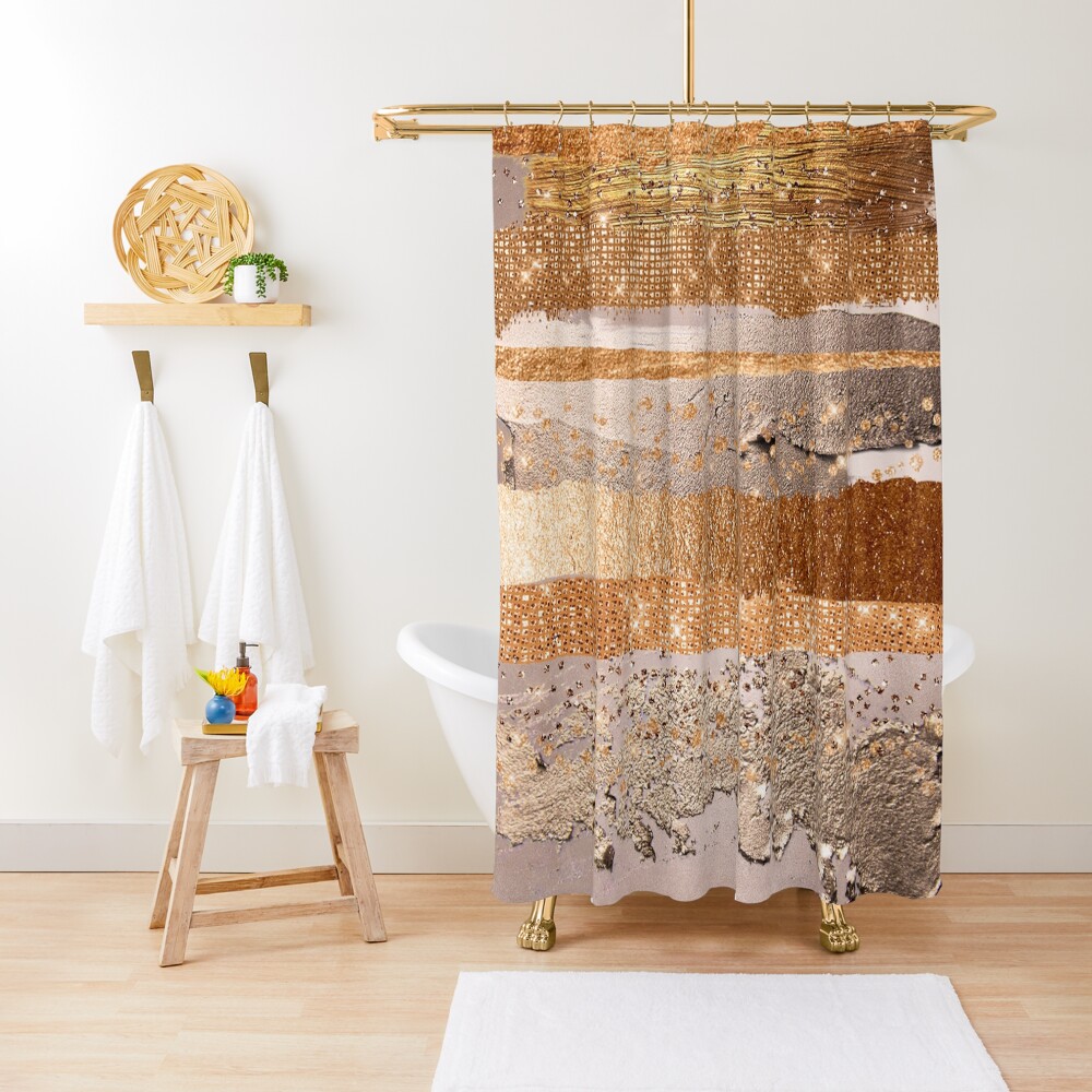 Glitter and Metal Foil Strokes on Copper Blush Metal Shower Curtain