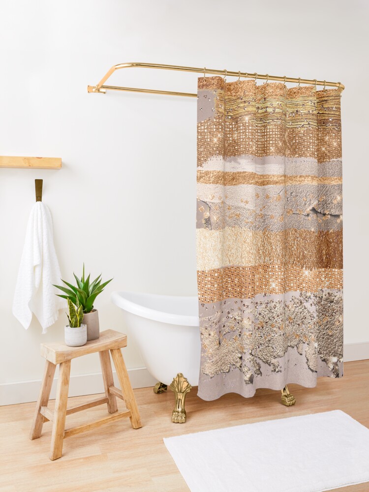 Alternate view of Glitter and Metal Foil Strokes on Copper Blush Metal Shower Curtain