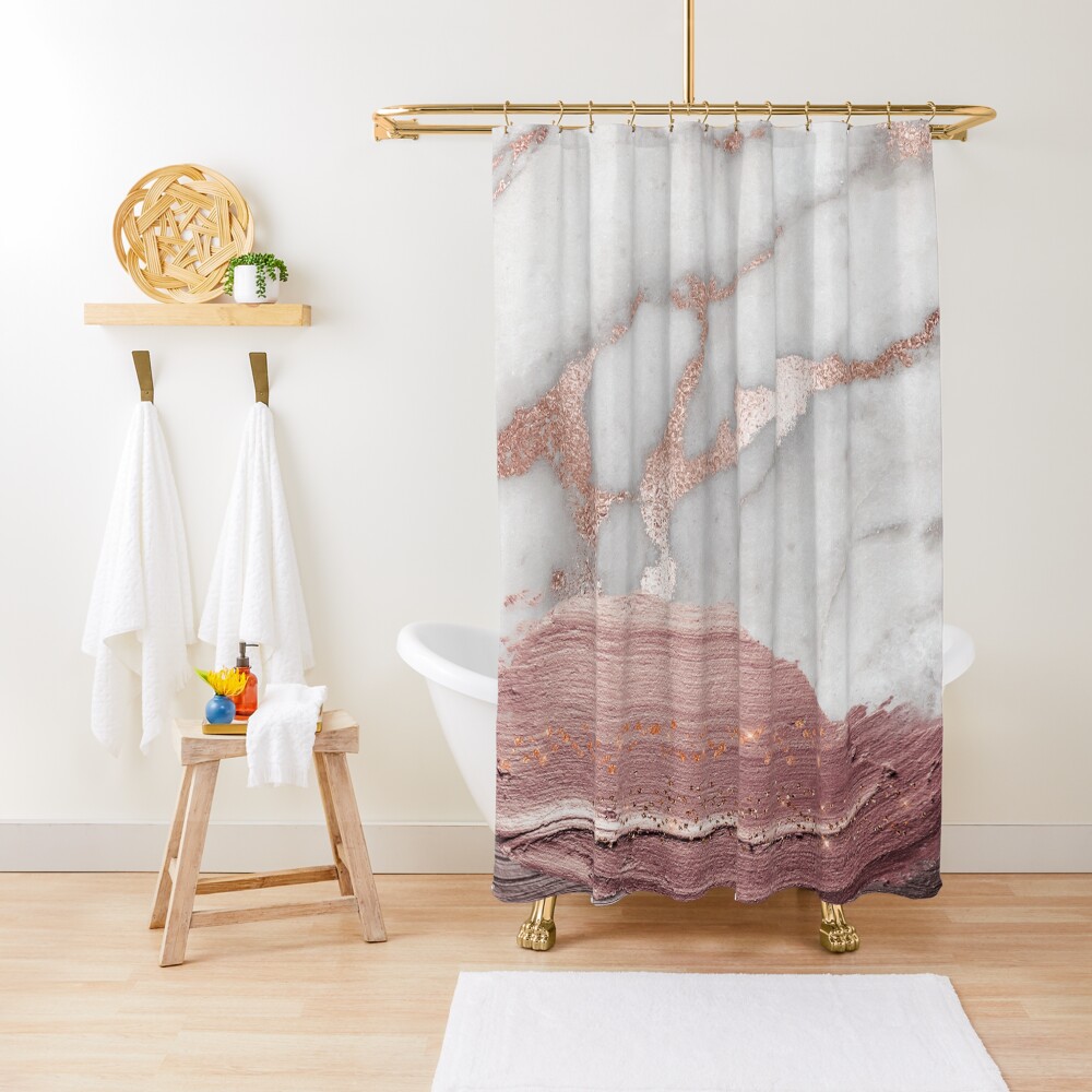 Thick Hand drawn glittery Metal Strokes on Gray Marble with rosegold veins Shower Curtain