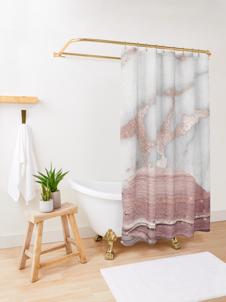 Alternate view of Thick Hand drawn glittery Metal Strokes on Gray Marble with rosegold veins Shower Curtain