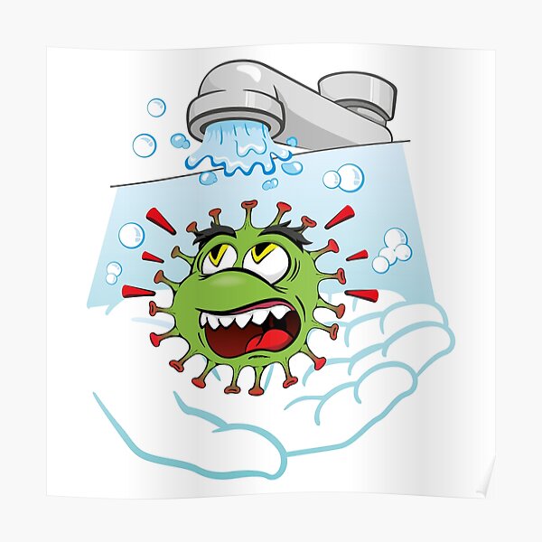 Cartoon corona virus, showing the importance of washing hands as  prevention. Ideal for educational and institutional materials