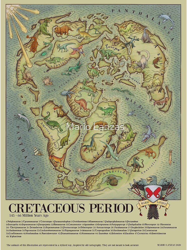 Disover CRETACEOUS Period World Map (medieval bestiary style) Premium Matte Vertical Poster