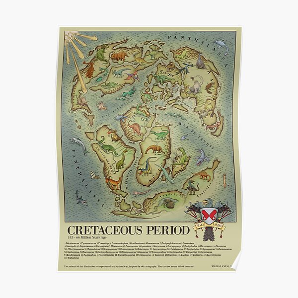 CRETACEOUS Period World Map (medieval bestiary style) Poster