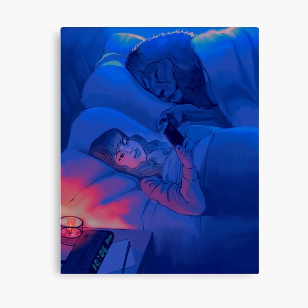 "scrolling" peaceful night with lion pet graphic illustration moonlit bed Canvas Print