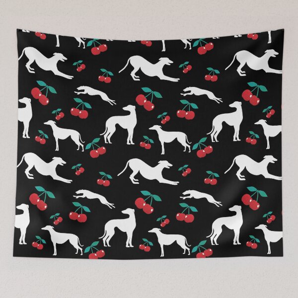 Aperçu de l'œuvre Greyt Greyhound Cherry Jumble sur fond noir créée et vendue par GreytGraphicals.