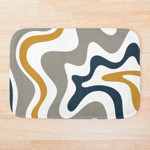 Liquid Swirl Contemporary Abstract in Mustard Yellow, Navy Blue, Grey, and White Bath Mat