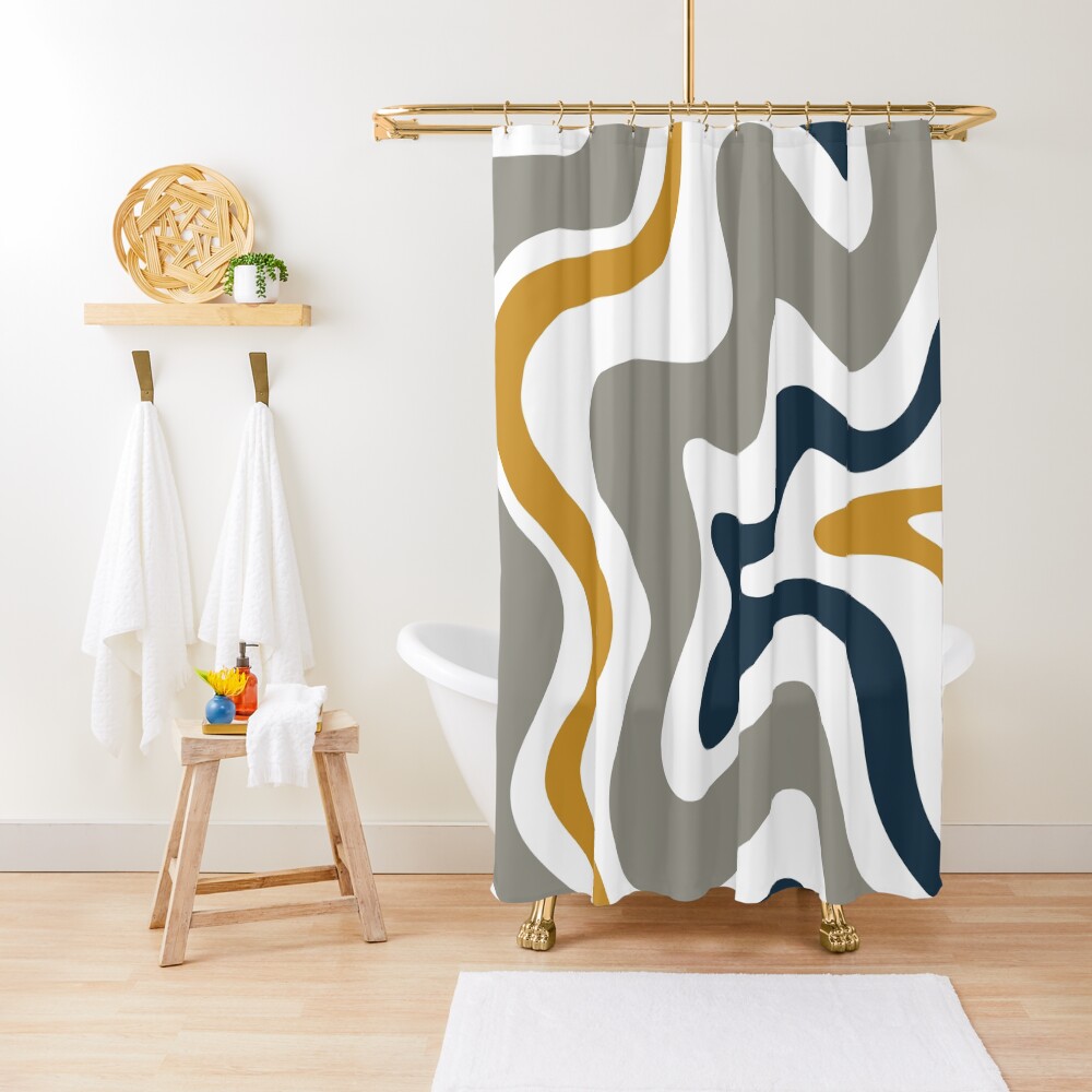 "Liquid Swirl Contemporary Abstract in Mustard Yellow, Navy Blue, Grey