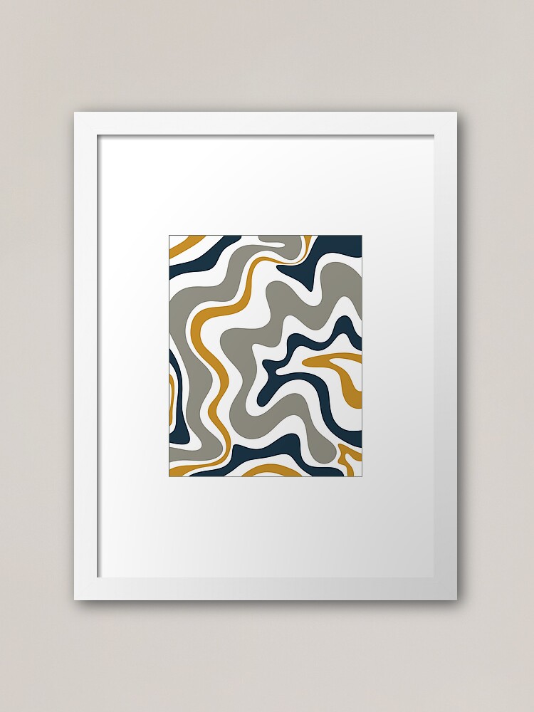 Liquid Swirl Contemporary Abstract In Mustard Yellow Navy Blue Grey And White Framed Art Print By Kierkegaard Redbubble