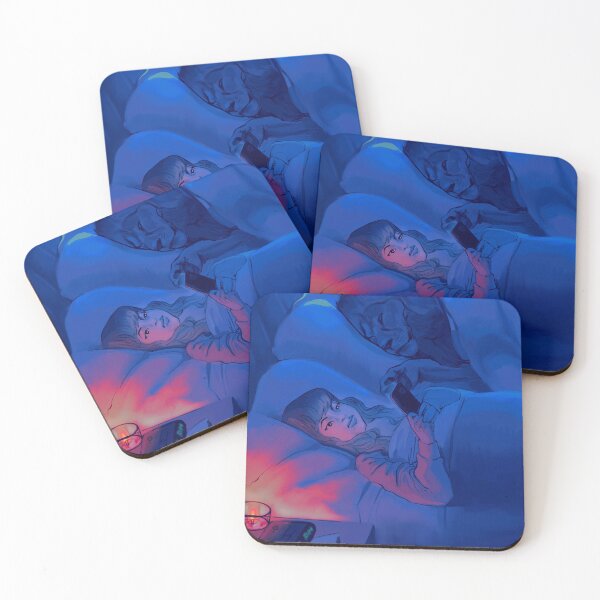 "scrolling" peaceful night with lion pet graphic illustration moonlit bed Coasters (Set of 4)