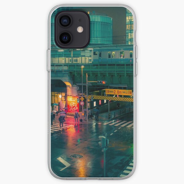 Rainy night in Neo Tokyo Matrix vibe with green and orange light reflection iPhone Soft Case