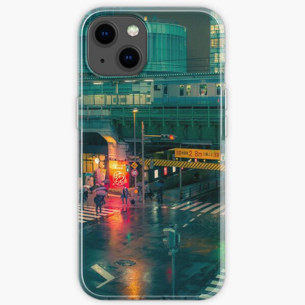 Rainy night in Neo Tokyo Matrix vibe with green and orange light reflection iPhone Soft Case