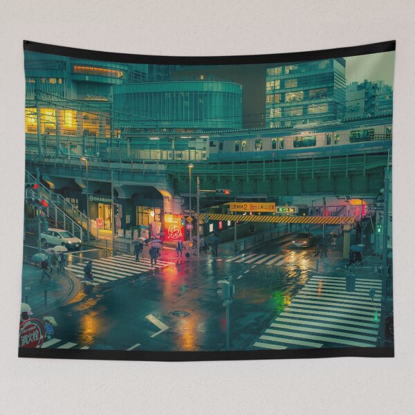 Item preview, Rainy night in Neo Tokyo Matrix vibe with green and orange light reflection designed and sold by TokyoLuv.