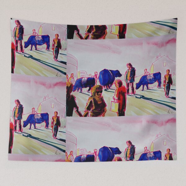 Item preview, Cows and People Surreal painting - Belted galloway cattle people and long shadows designed and sold by MikeJory.