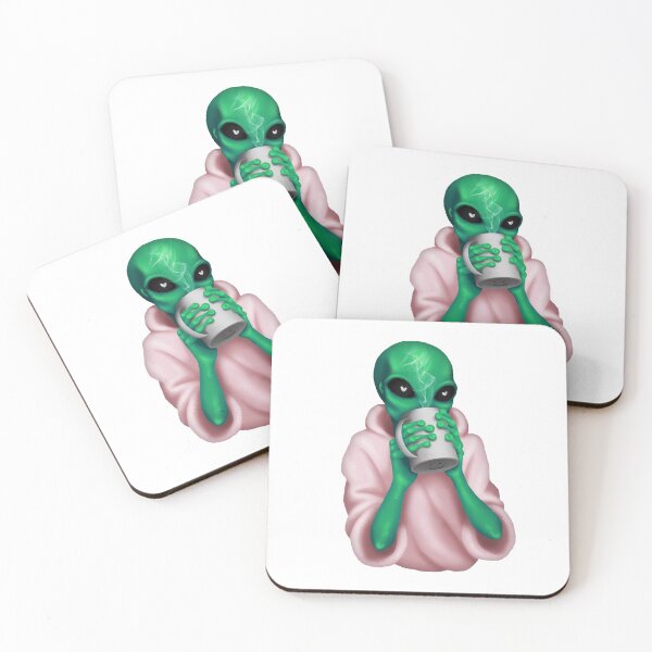 Item preview, cute alien drinking coffee designed and sold by corinaorchid.