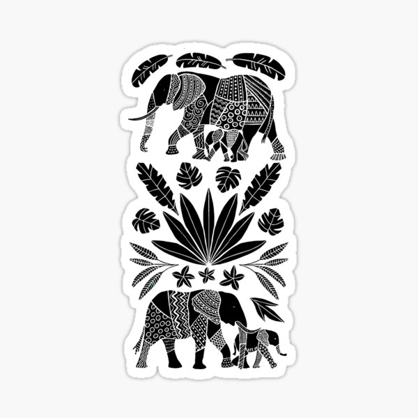 Elephants, B&W Folk Art Sticker