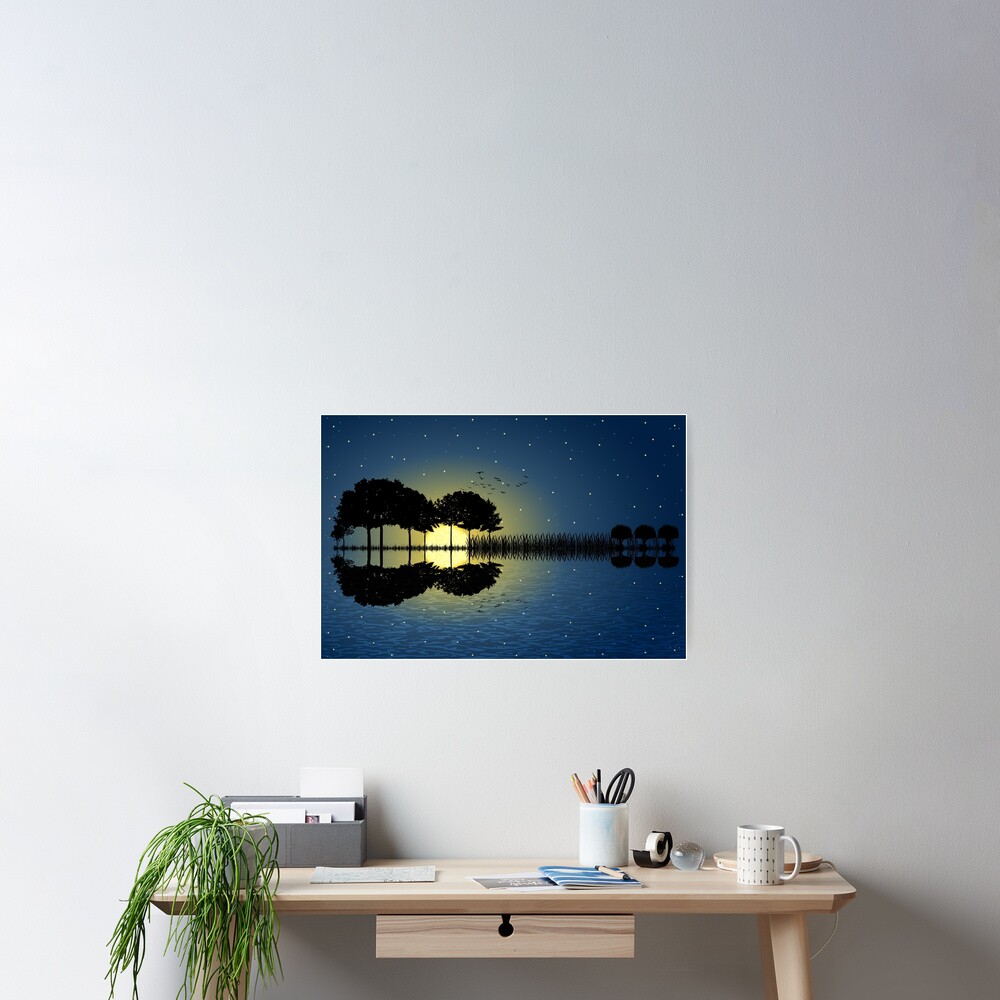 guitar island moonlight illustration Poster