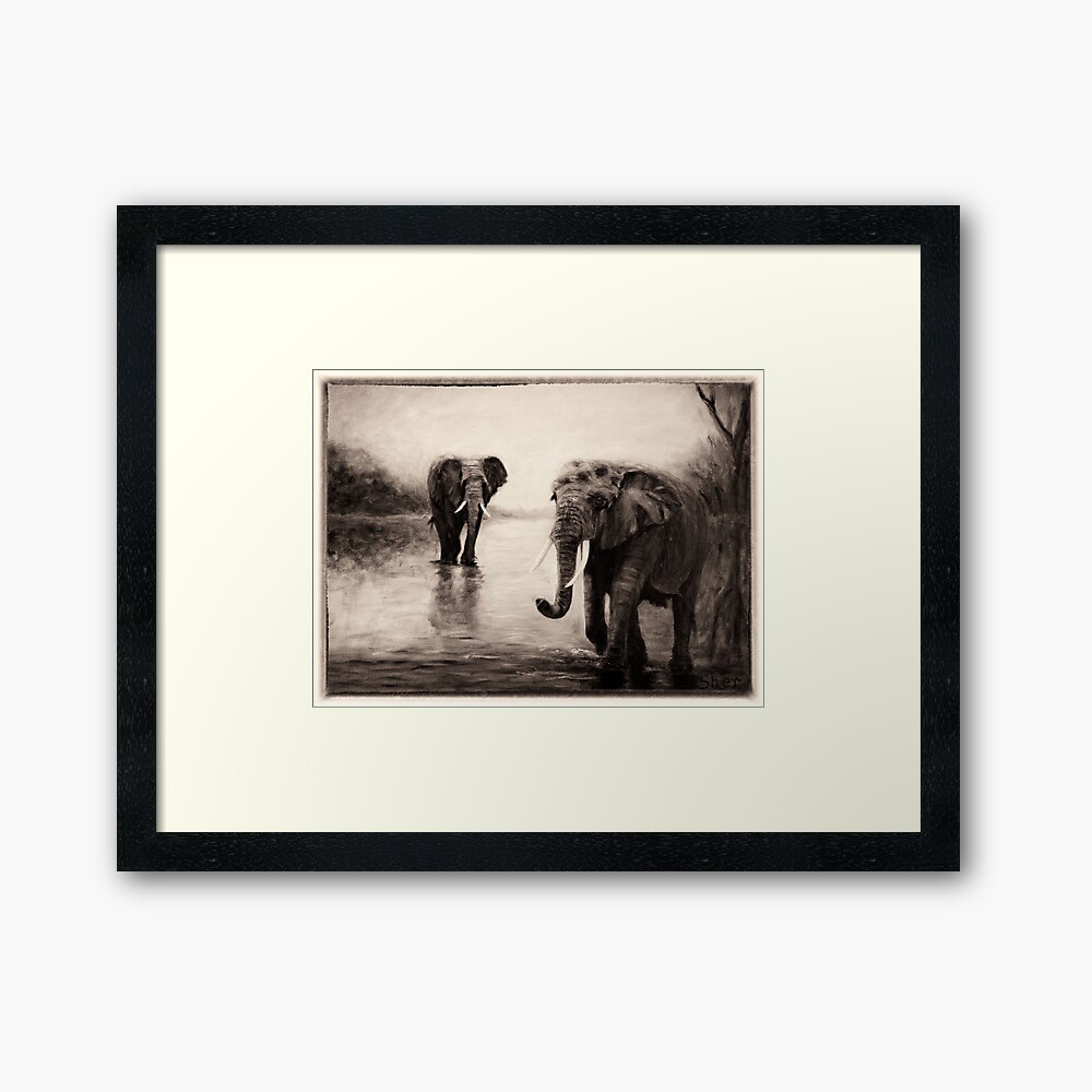 African Elephants at Sunset Framed Art Print