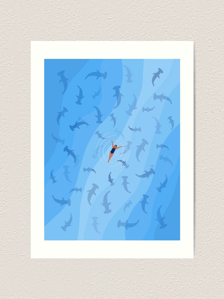 Shark Beach Swimmer Aerial Illustration Art Print By The Drone Man Redbubble