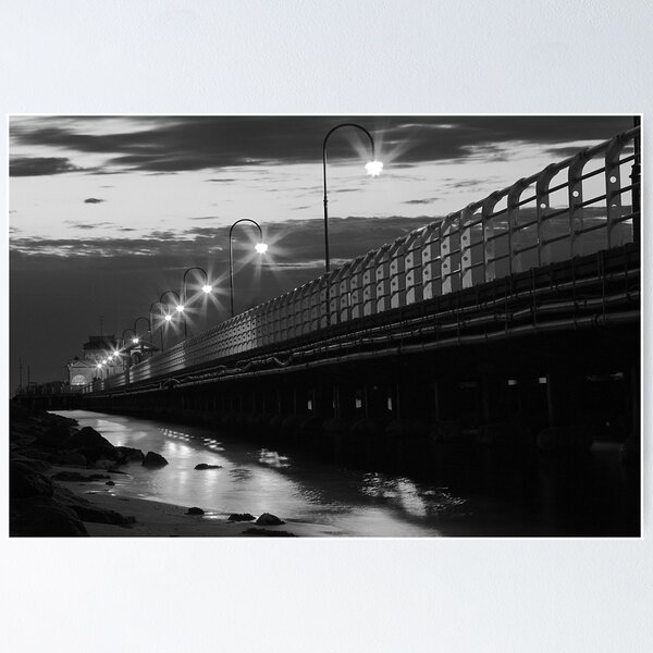 Item preview, St Kilda pier and kiosk at night - in black and white designed and sold by kitkat73.