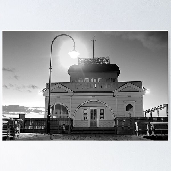 Item preview, Kiosk on St Kilda pier at sunset in black and white designed and sold by kitkat73.