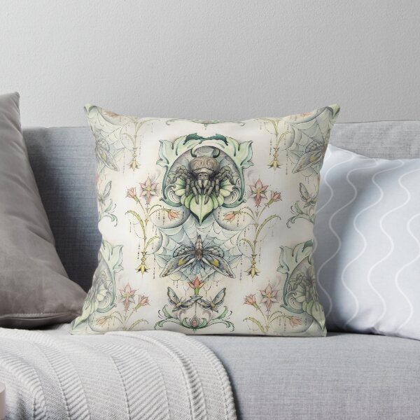 Antique pattern - Spider and Moths Throw Pillow