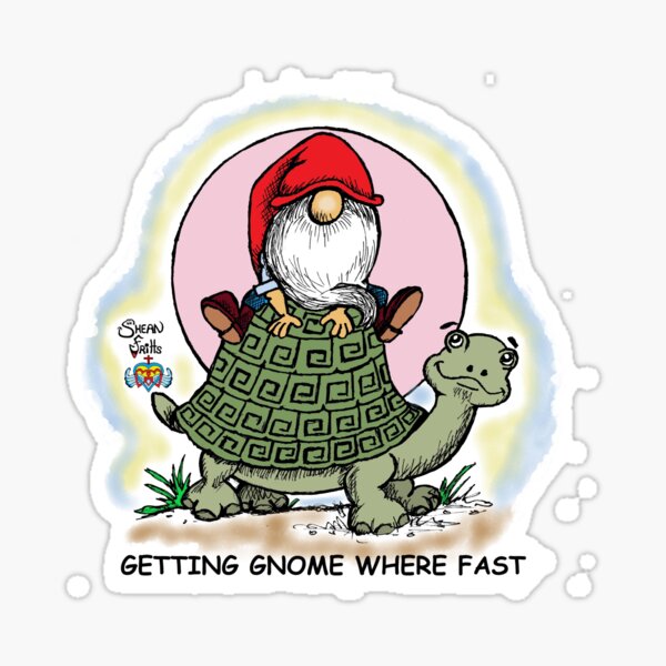 Item preview, A funny cute nature t shirt of a gnome Getting gnome where fast riding a  turtle car into the sunset designed and sold by Shean Fritts.