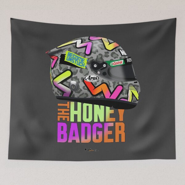 Item preview, Daniel Ricciardo - 2020 (right) Helmet. ( HONEY BADGER TEXT ) designed and sold by JageOwen.